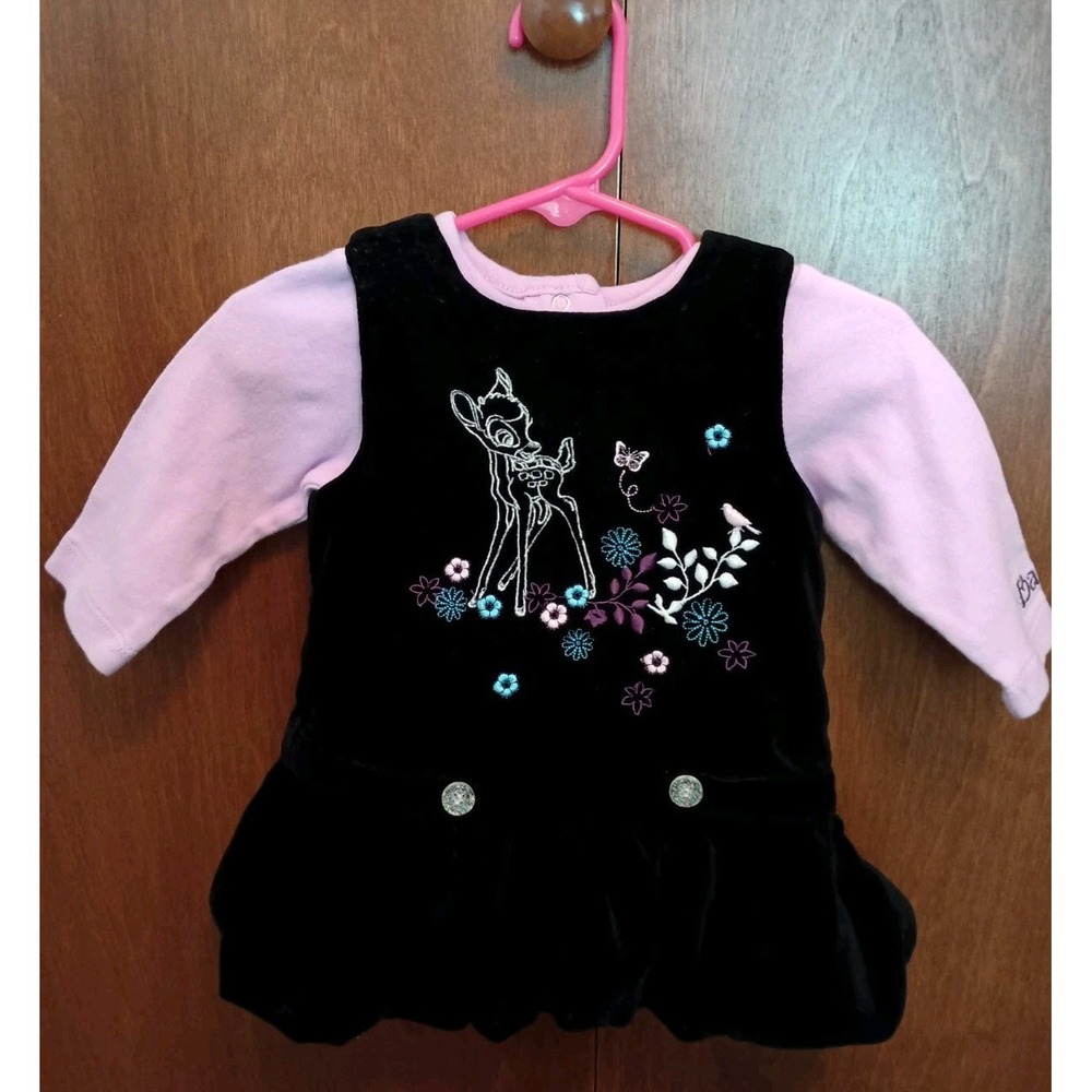 Disney Baby Bambi Velvet Embroidered‎ 3-6 Mths 2 Piece Dress Vintage Y2K
